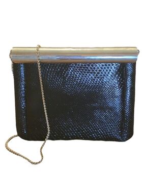 Vintage Black Leather Snake-Effect Convertible Clutch Gold Chain Evening Bag